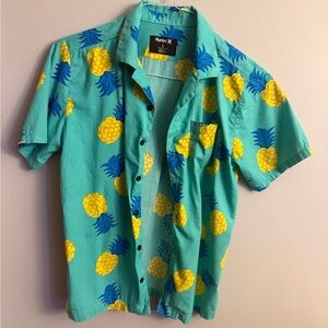 Hurley Men's Turquoise Shirt with Yellow Pineapple Print.